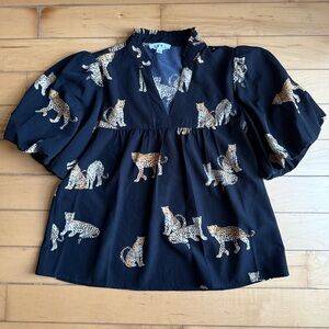 THML Black Blouse Cheetah Leopard Print V-Neckline Puff Balloon Sleeves Lose Fit